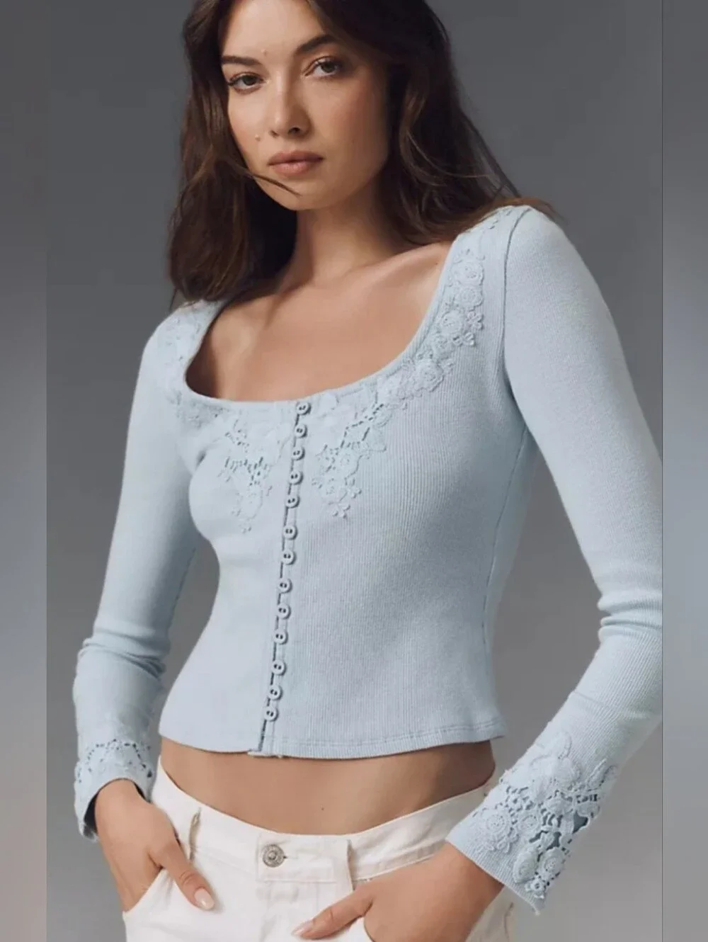 By Anthropologie Long Sleeve Lace Trim Blouse-Light Blue